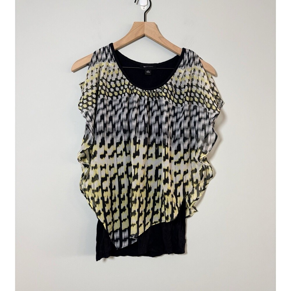 AB Studio Poncho Style Blouse Womens  Large Black Yellow Attached Tank Stretch